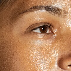 close up of middle aged woman with combination skin and blemishes.