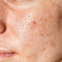close up of a mature woman’s face with skin conditions, including rosacea, blemishes and dryness.