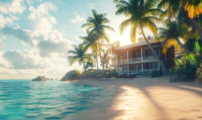 Fototapeta premium Scenic coastal retreat with a luxurious modern villa overlooking turquoise waters, tall palm trees casting shadows on the sandy shore, bright sunlight evoking paradise,