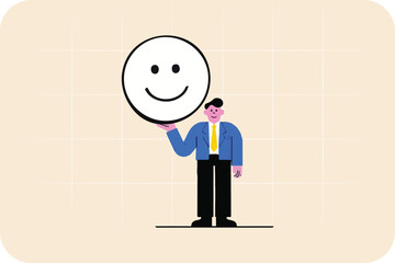 Businessman and business concept, smart businessman holding a big happy face emoji with his hand