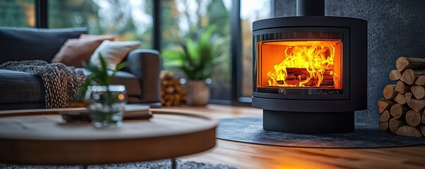 Modern wood-burning stove surrounded by cozy flames in a stylish living room with an inviting fireplace creating a warm and welcoming home atmosphere perfect for indoor gatherings around fire.