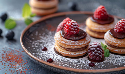 Close-up of gourmet French pastries with raspberries and chocolate glaze