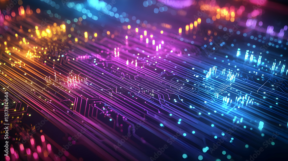 Poster Vivid Technological Circuitry With Colorful Glowing Lights And Data Flow On Dark Background In Abstract Digital Art
