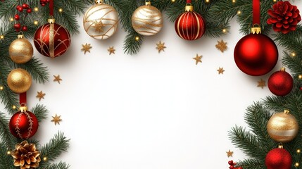 Christmas ornaments frame on white background