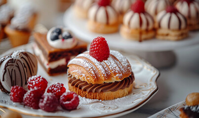 Close-up of gourmet French pastries with chocolate, berries, and powdered sugar