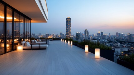 Obraz premium Rooftop lounge, city skyline, evening, relaxation
