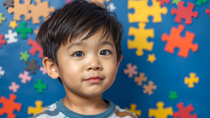 Asian boy child with puzzle pieces. Neurodiversity, Disability Pride Month, world brain day, neurological health, autism spectrum disorder. Children's Mental Health. World Autism Acceptance Week