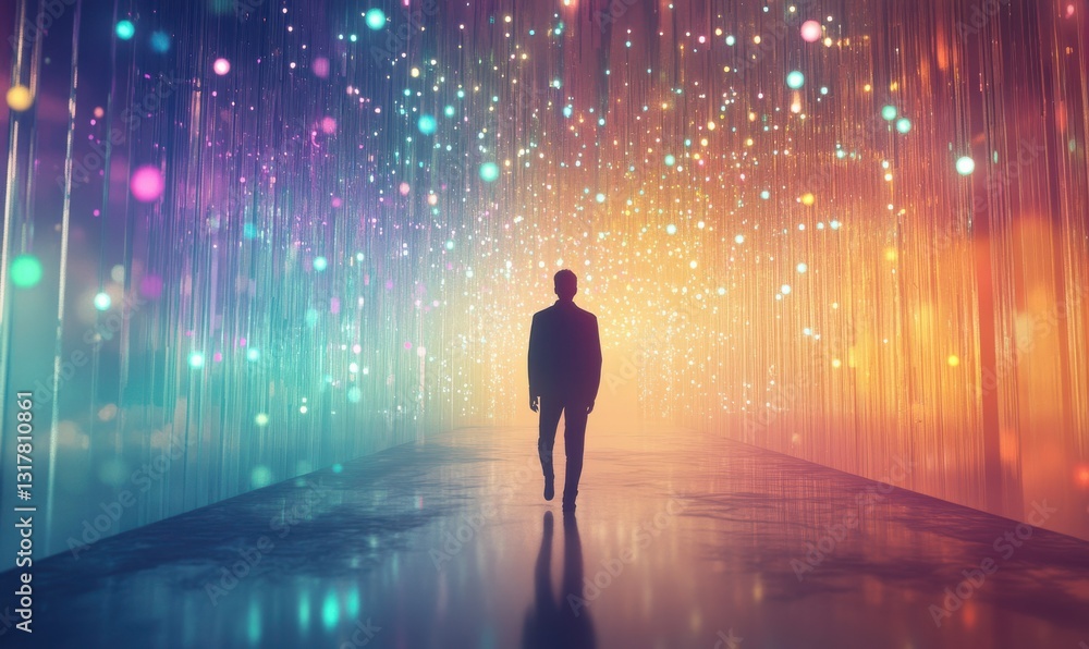 Poster silhouette of a man standing alone in a glowing tunnel surrounded by endless rows of colorful hangin