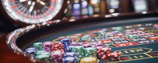 A roulette table features chips and a spinning wheel in focus