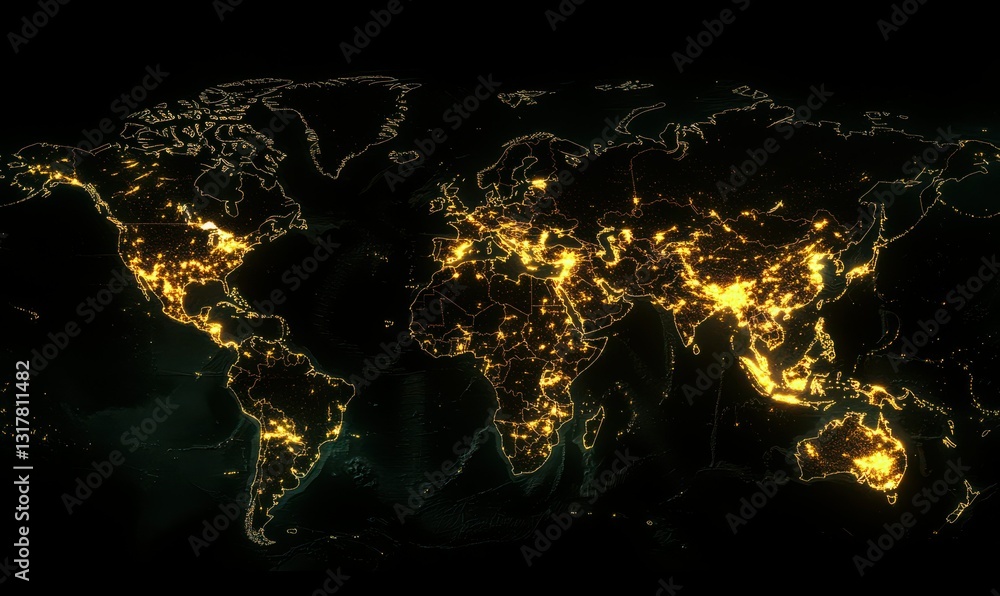 Poster world map in lights.. graph spreadsheets showing business data, financial growth. worldwide industry
