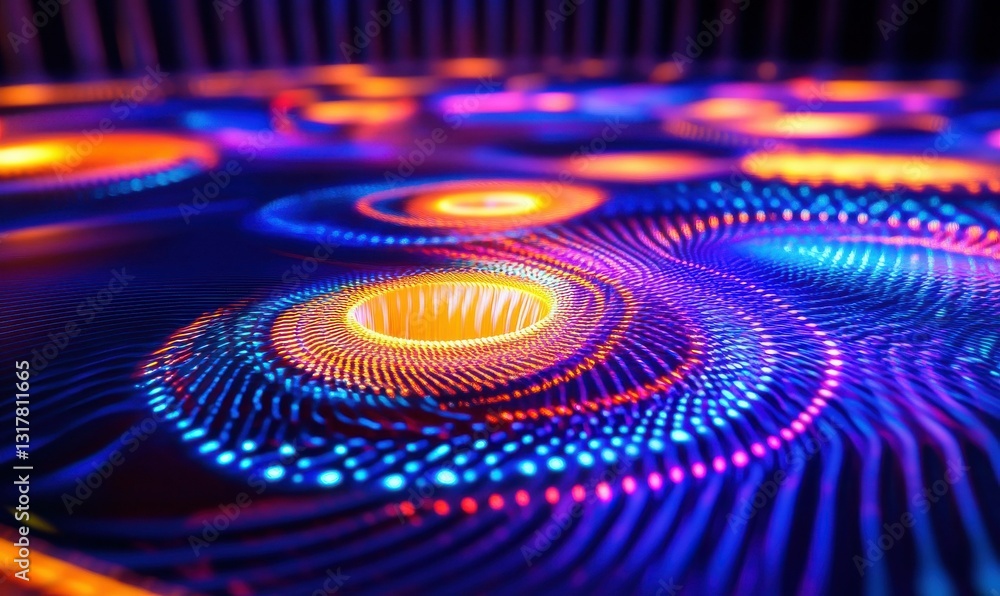Poster artistic swirling holographic patterns in bold neon colors, softly illuminated by diffused light cre