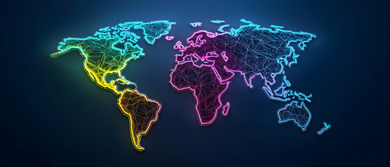 Rainbow Colored World Map On Dark Blue Background With Neon Light Effect