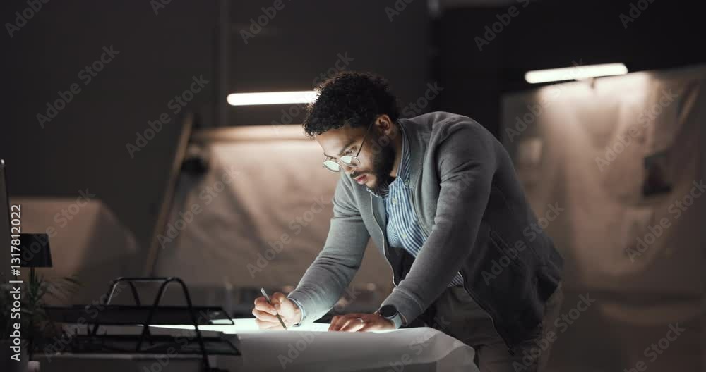 Poster creative, designer or man with draft for drawing, sketching or editing with artistic skills in offic