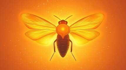 Vibrant illustration of a glowing bee against an orange background with sparkling elements