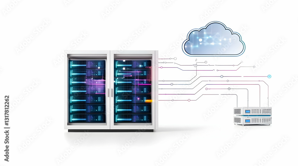 Poster white server racks connected to cloud with digital data transfer and modern technology