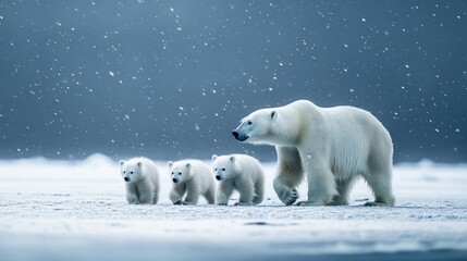 Polar bear mother and cubs trek across the snowy arctic wilderness during winter