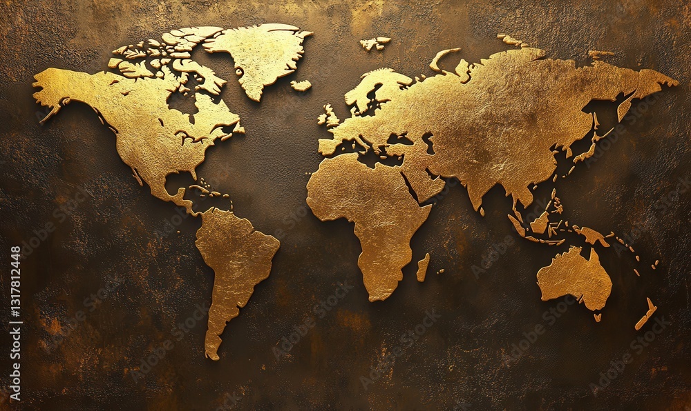 Poster golden world map on a rustic textured background illuminated by warm ambient lighting symbolizing gl