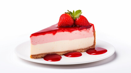 Strawberry Cheesecake Slice Three Layers Dessert Pastry White Plate
