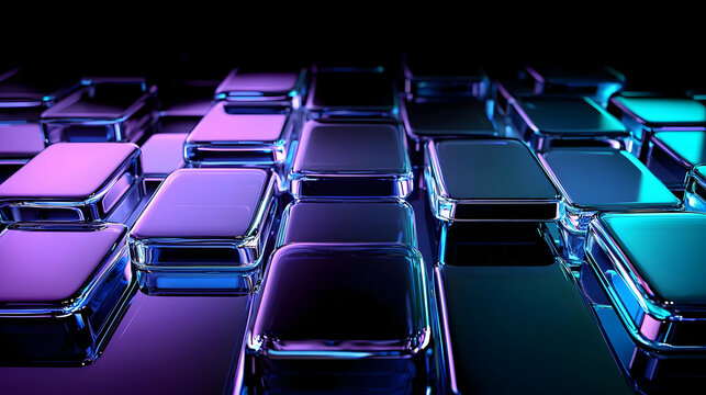 3D Render of Glossy Glass Cubes in Pink Blue and Purple Neon Light on Dark Background Graphic Design