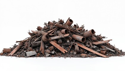 Large pile of scrap metal with twisted rusted sheets, parts, pipes against plain white background. Steel, iron, discarded material waste, recycling concept. Junkyard, industrial, old, used, damaged