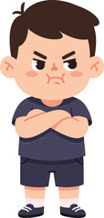 A young boy with an angry expression standing confidently with arms crossed in a minimal flat vector illustration style showcasing determination and frustration in a playful ambiance vector art