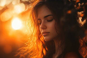 Naklejka premium Ethereal Portrait of a Young Woman Illuminated by Warm Sunset Light with Flowing Hair Creating a Captivating and Dreamy Atmosphere