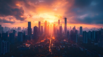 Fototapeta premium A city skyline at sunrise, skyscrapers reflecting golden light, blending urban beauty with the tranquility of dawn. 