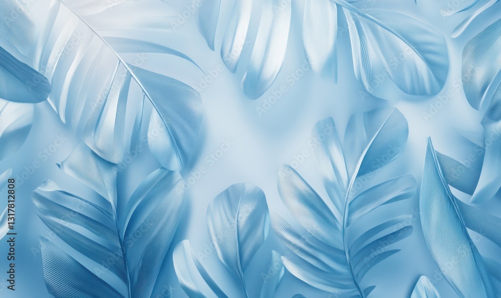 Poster light blue leaf patterns illuminated softly under diffused light creating a delicate and organic abs