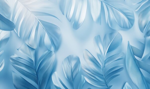 Light blue leaf patterns illuminated softly under diffused light creating a delicate and organic abstract aesthetic .