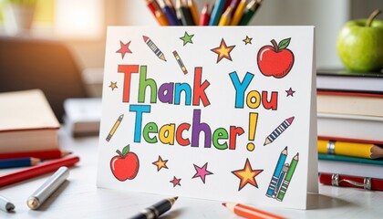 Colorful "Thank You Teacher" card with school supplies on desk