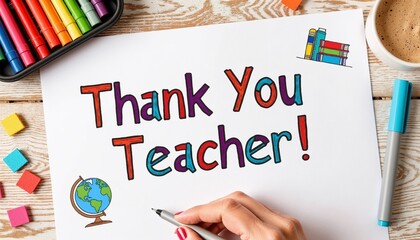 handwritten thank you teacher card with colorful markers, school-themed drawings, and stationery on a wooden desk
