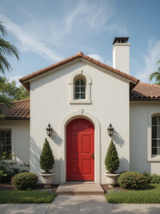 A stucco house with a red door and a tile roof 3_SwinIR