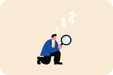 Businessman and business concept, smart businessman  holding a magnifying glass and thinking about doller