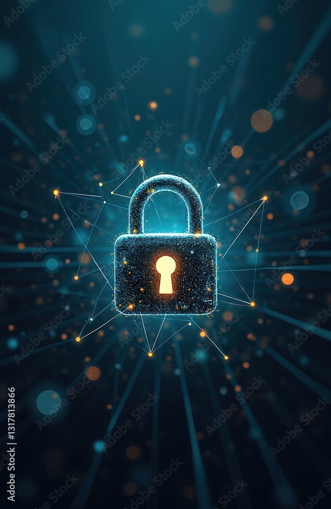 Poster cyber security concept photo. lock symbol from lines, triangles and connecting points glows on blue 