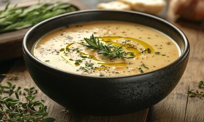 Rustic bowl of creamy vegetable soup garnished with fresh herbs and a drizzle of olive oil, soft natural light creating an inviting and hearty meal presentation