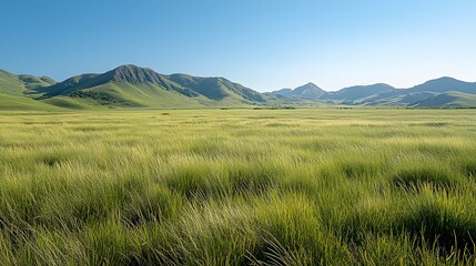 Fototapeta premium A lush green meadow under a bright blue sky, tall grass moving in the wind, perfect for hay harvesting. 