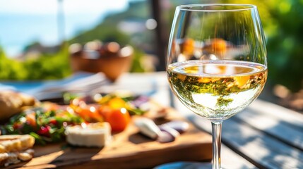 White wine glass set against a vibrant outdoor dining area with a colorful platter of fresh food and a beautiful ocean view in the background during a sunny day