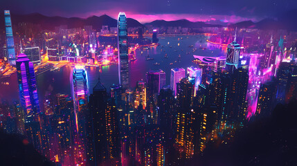 Obraz premium Neon hong kong nightscape: a dazzling aerial view. Glimmering Horizon. Illustration