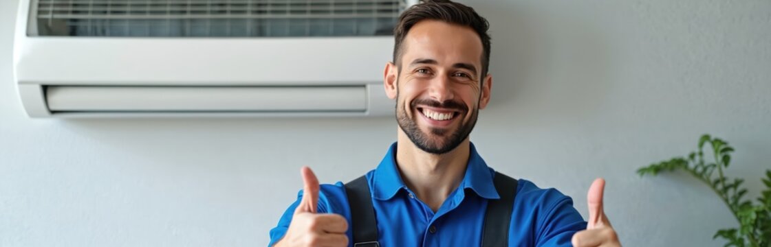 Smiling technician gives thumbs up next to air conditioner unit fixed on white wall. Repairman wearing blue uniform ensures climate control, air conditioning service, maintenance quality indoors. - Powered by Adobe
