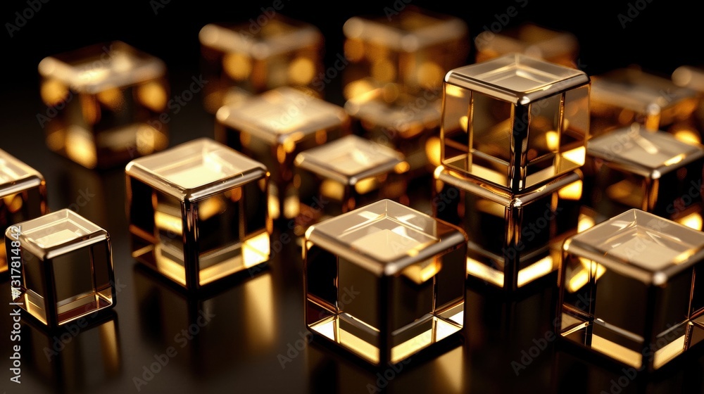 Poster a collection of black cubes featuring gold accents is displayed from an elevated angle. the glossy f