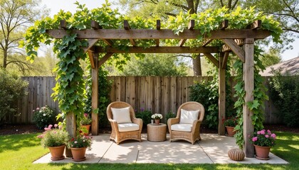 Obraz premium cozy wooden pergola with climbing green vines, wicker chairs, and potted plants in a peaceful backyard retreat