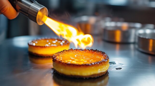 chef using a blowtorch to caramelize the sugar on a creme brulee