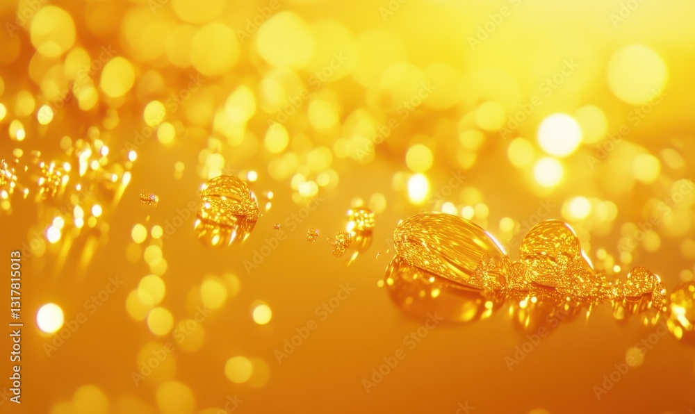 Poster vibrant golden droplets scattered on a smooth yellow surface, illuminated by soft light creating a c