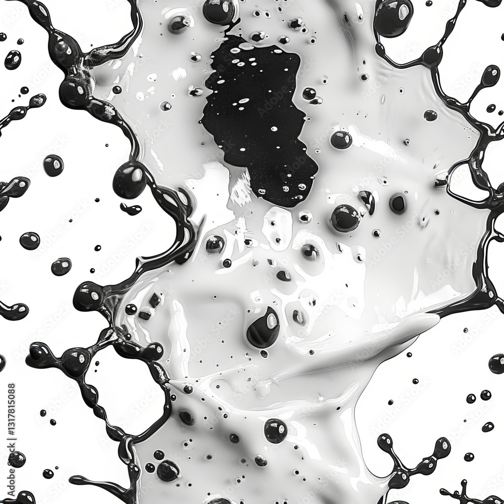 Poster bold splashes of dark liquid form an intricate seamless pattern against a white background showcasin