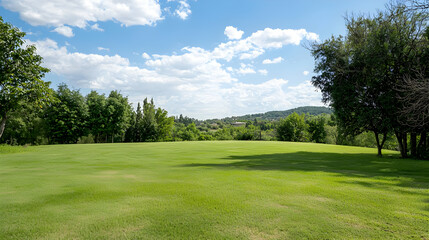 Obraz premium Lush Green Field with Trees Under a Partly Cloudy Blue Sky on a Sunny Summer Day