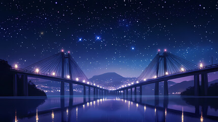 Obraz premium Night lights on the bridge under a starry sky. Glimmering Horizon. Illustration