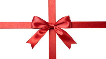 Red ribbon bow with horizontal and vertical stripes isolated on transparent or white background for gift wrapping or decoration