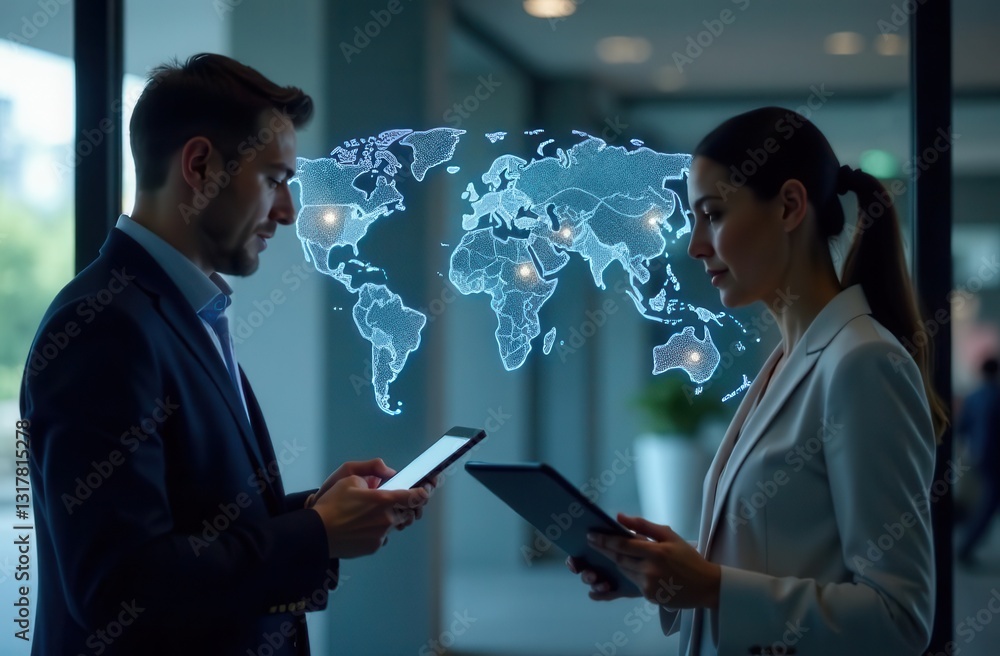 Poster two business professionals engage in a discussion while using tablets. a digital map of the world is