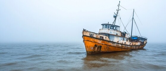 Naklejka premium Rusty ship, foggy sea, abandoned vessel