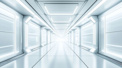 Futuristic White Corridor: A Sterile and Sleek Spaceship Interior Design